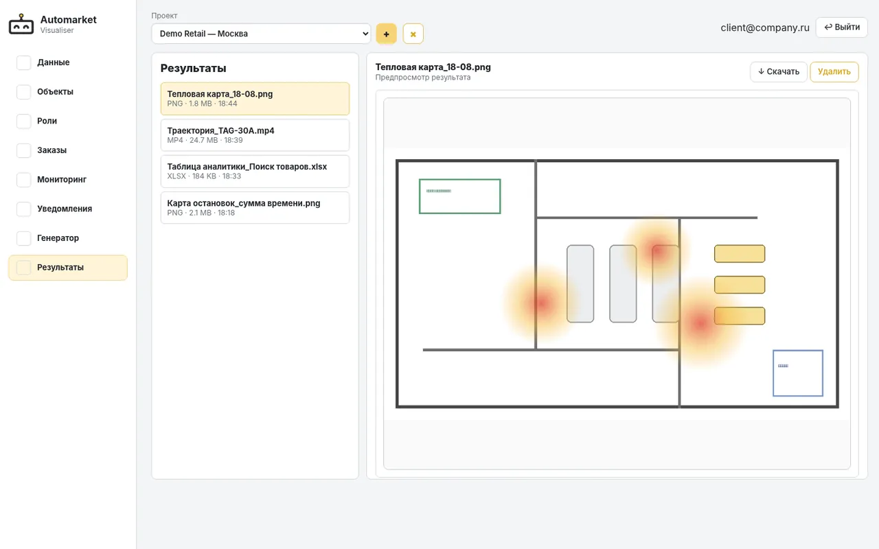 Экран Visualiser с тепловой картой зон объекта